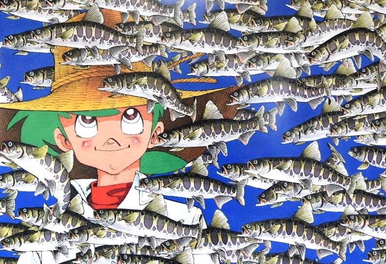矢口高雄の絵画作品　タイトルは、釣りキチ三平〜山女魚群泳〜